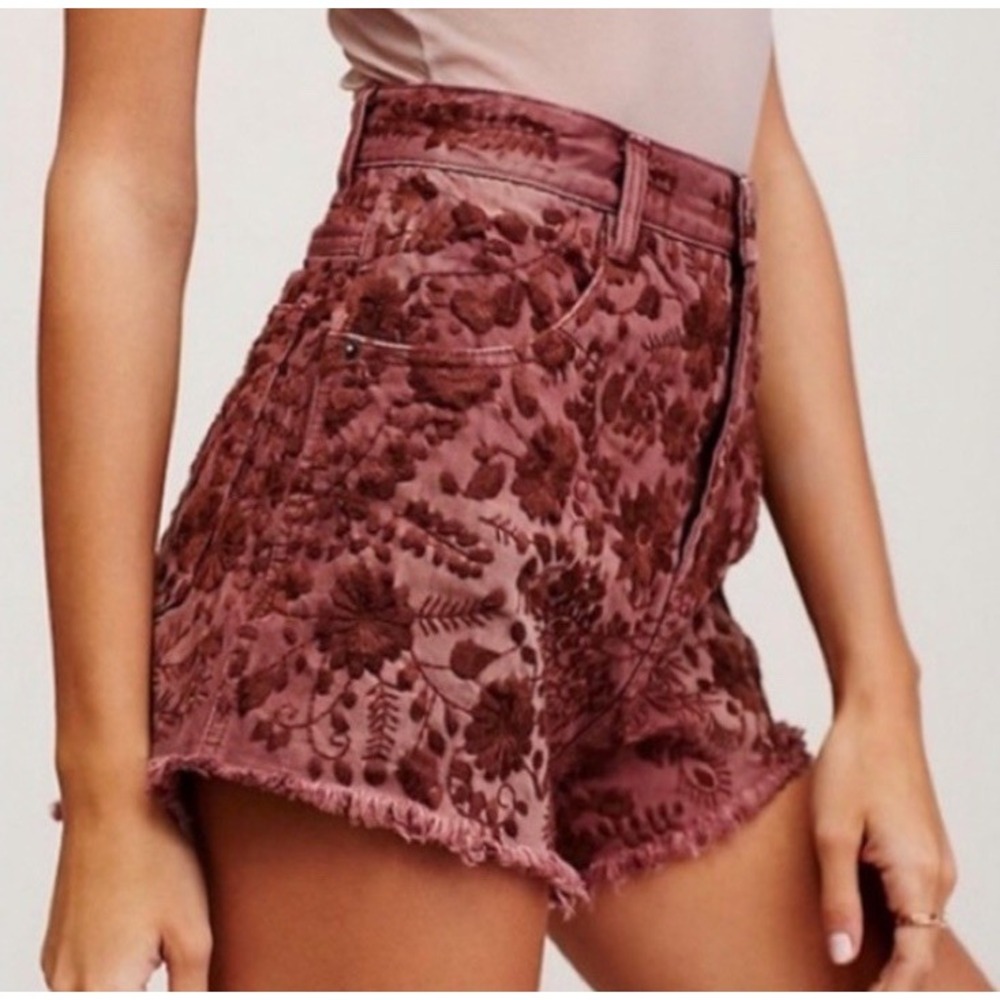 Boho Free People Etienne Field High Rise Embroidered Denim Shorts Burgundy Sz 25